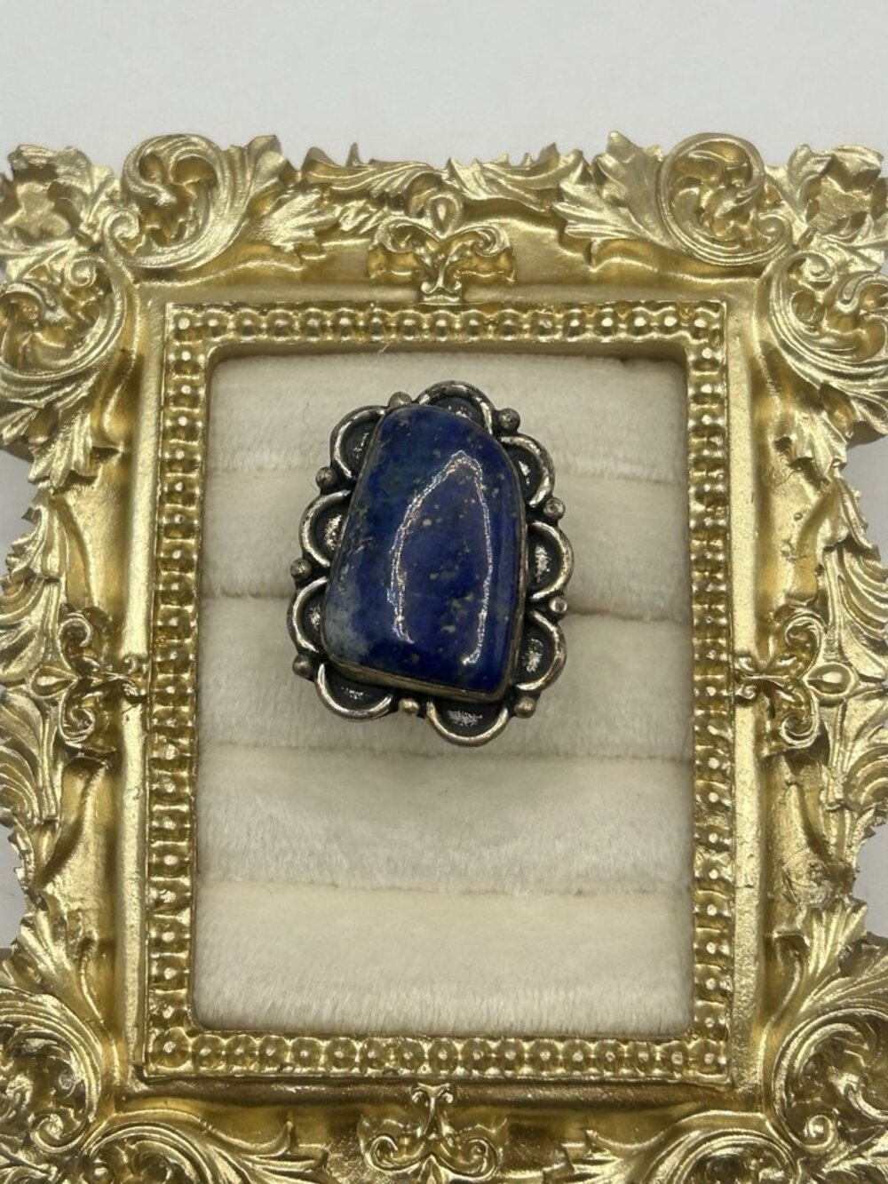 Vintage Lapis Lazuli Adjustable Ring Blue Stone Boho Statement Silver Tone Big - Picture 2 of 16